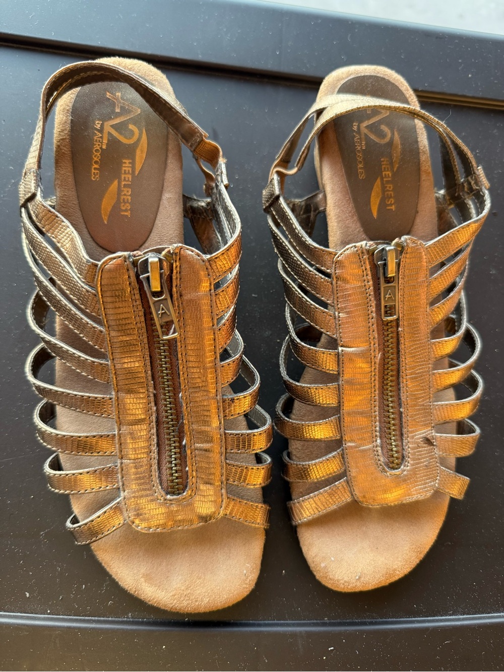 A2 By Aerosoles Bronze Metallic Strappy Zip Gladiator Sandals